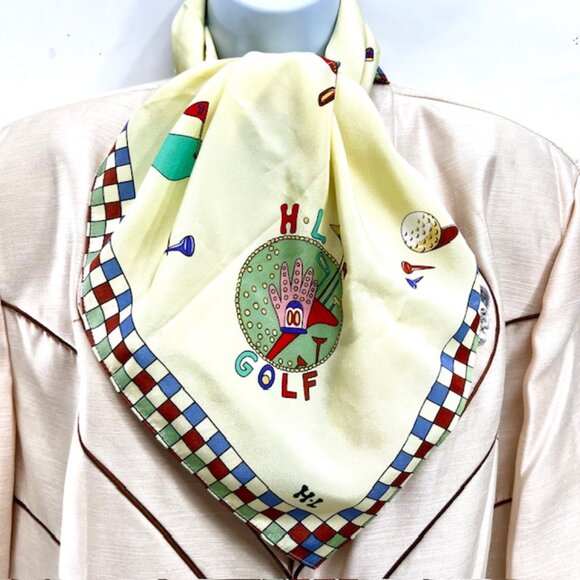 (2) Japanese H L  Furoshiki SILK Scarf 29"x29" light yellow  red blue golf  (38) - Picture 7 of 14